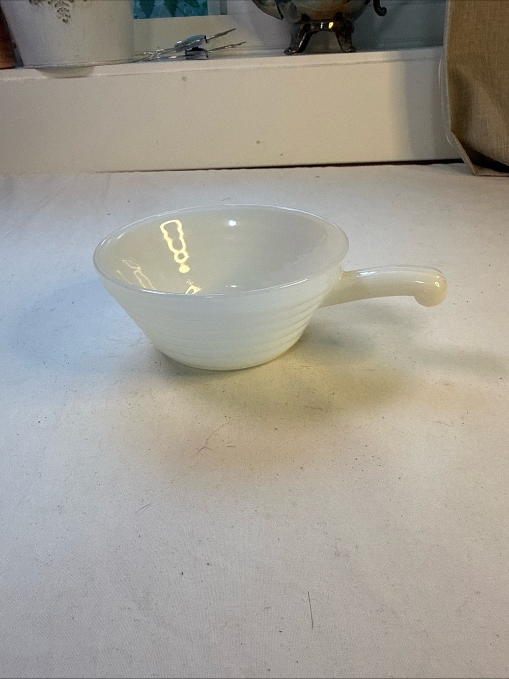 Vintage Fire King White Milk Glass Soup Bowl w/Handle Anchor Hocking Ovenproof